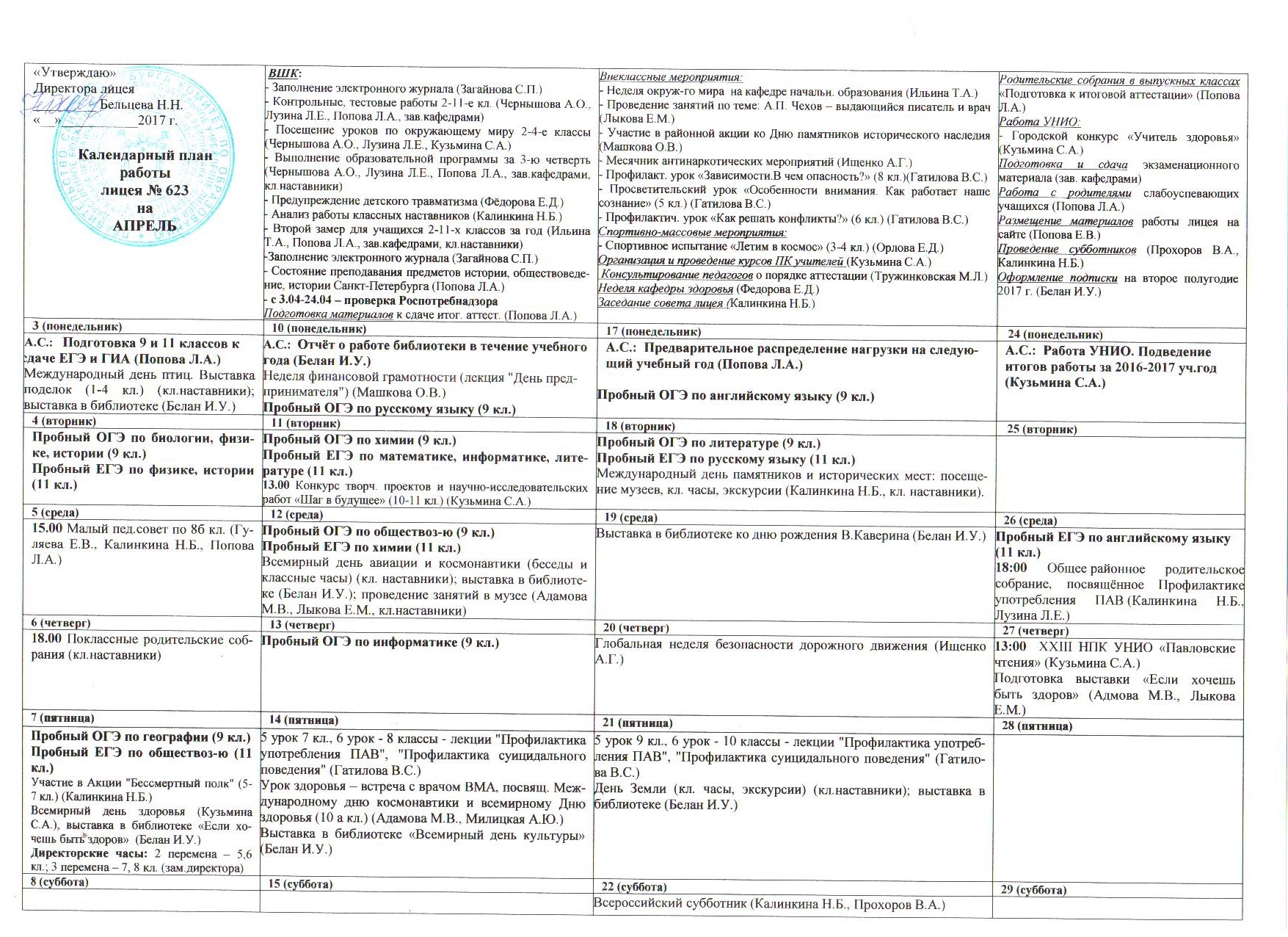 План работы лицея на апрель - Официальный сайт лицея 623