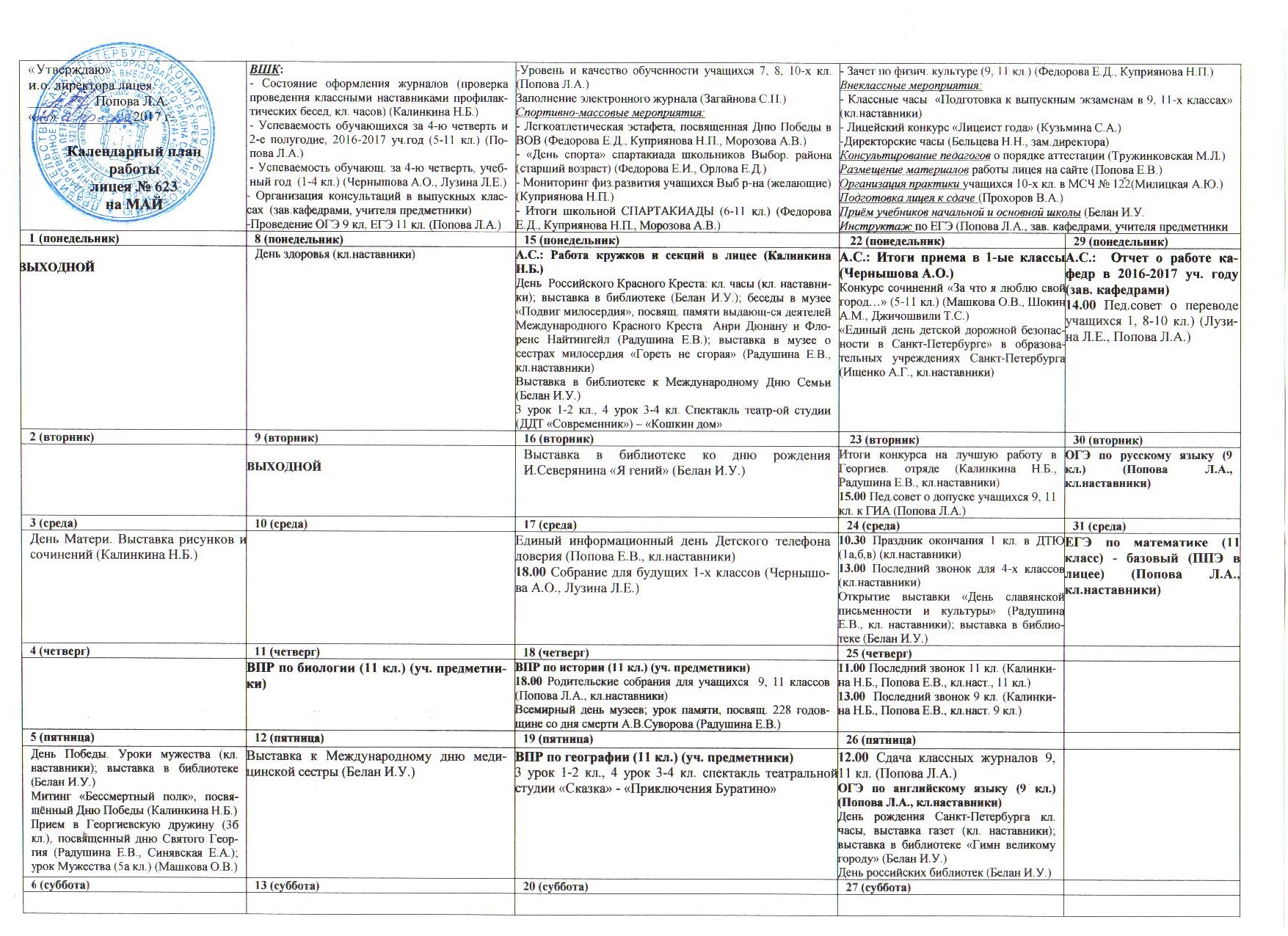 План работы лицея на май - Официальный сайт лицея 623