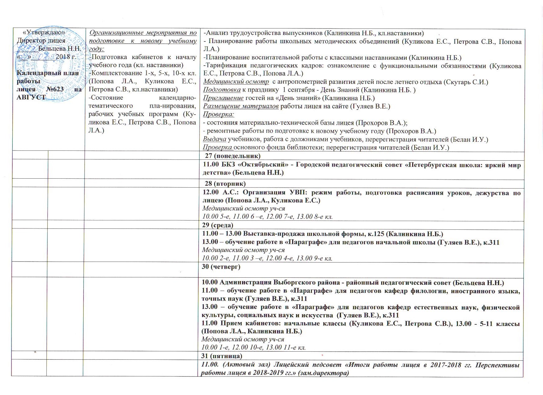 План на август 2018 года - Официальный сайт лицея 623