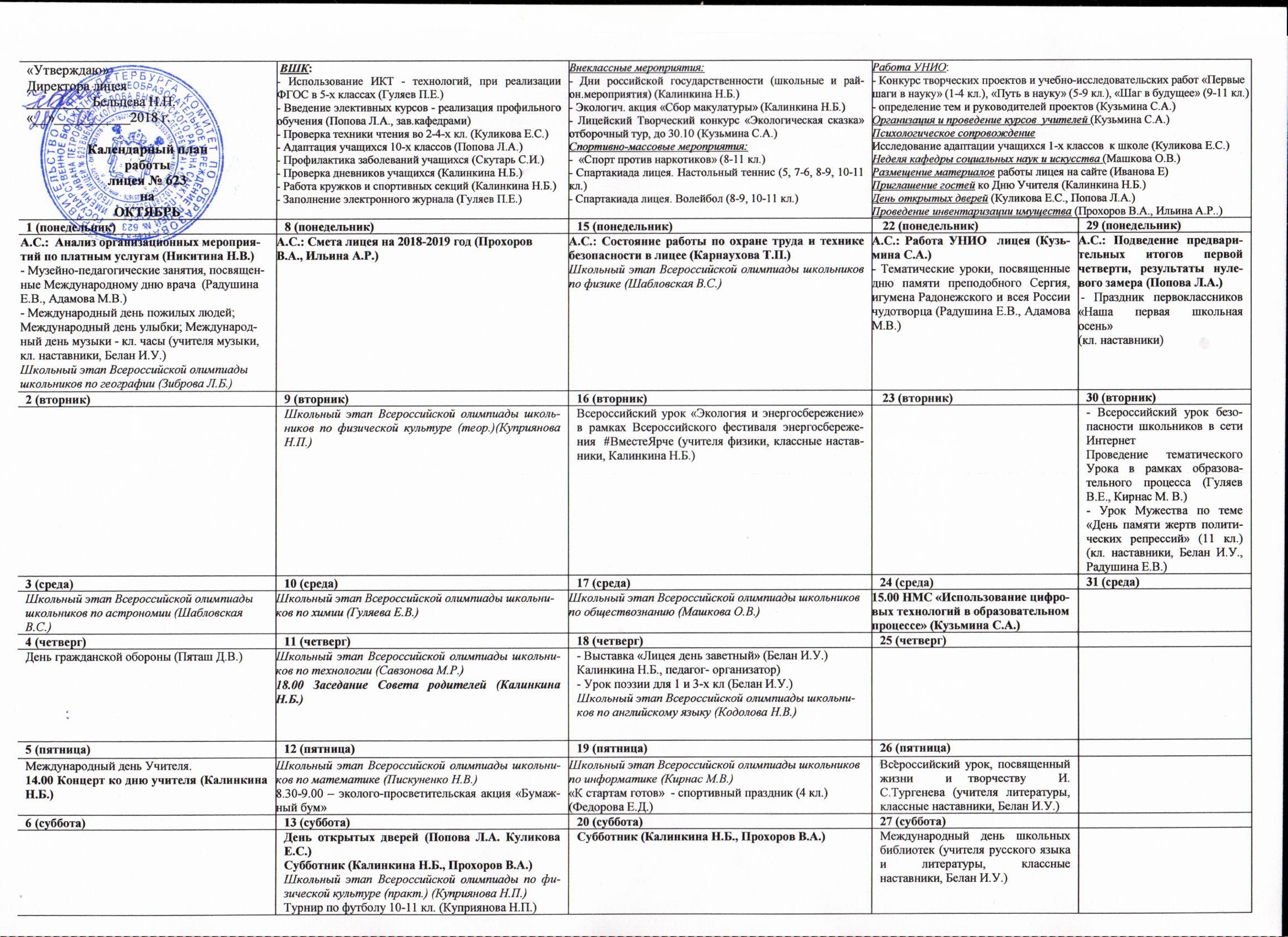План работы на октябрь 2018 - Официальный сайт лицея 623