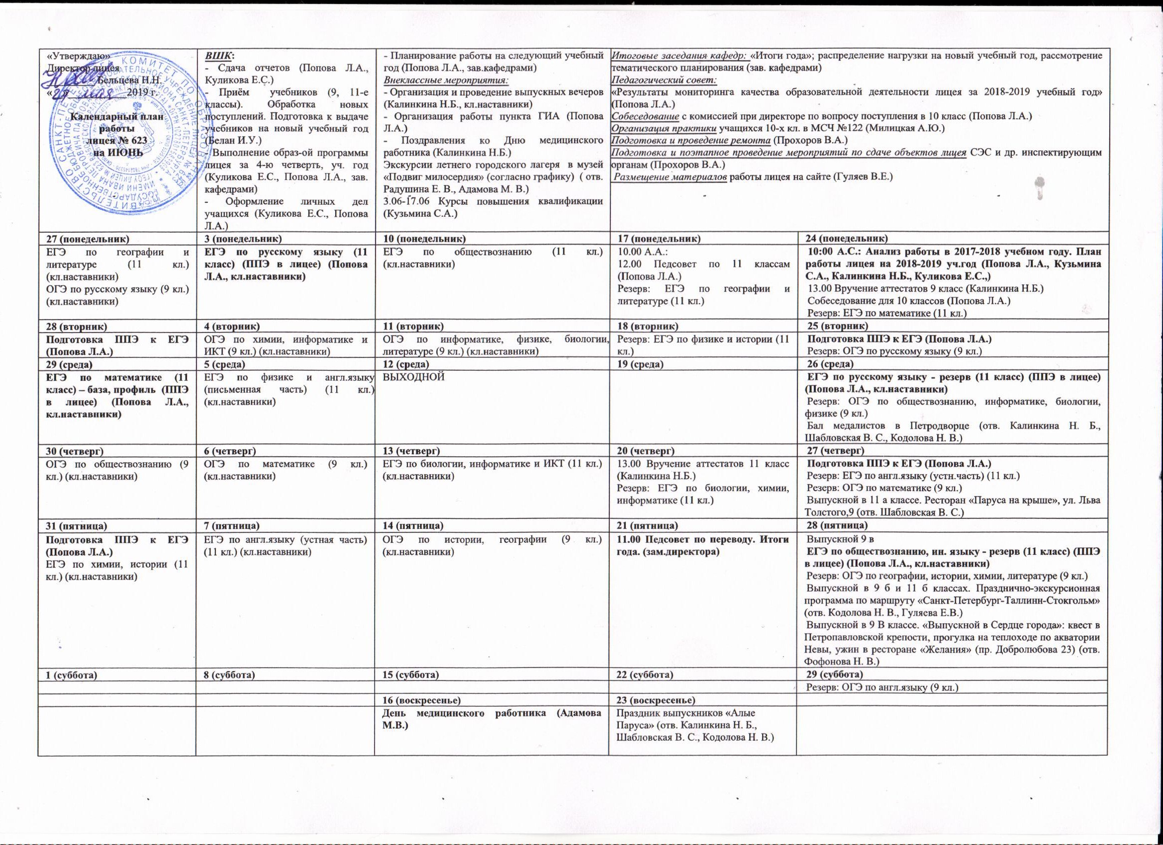 План работы на июнь - Официальный сайт лицея 623