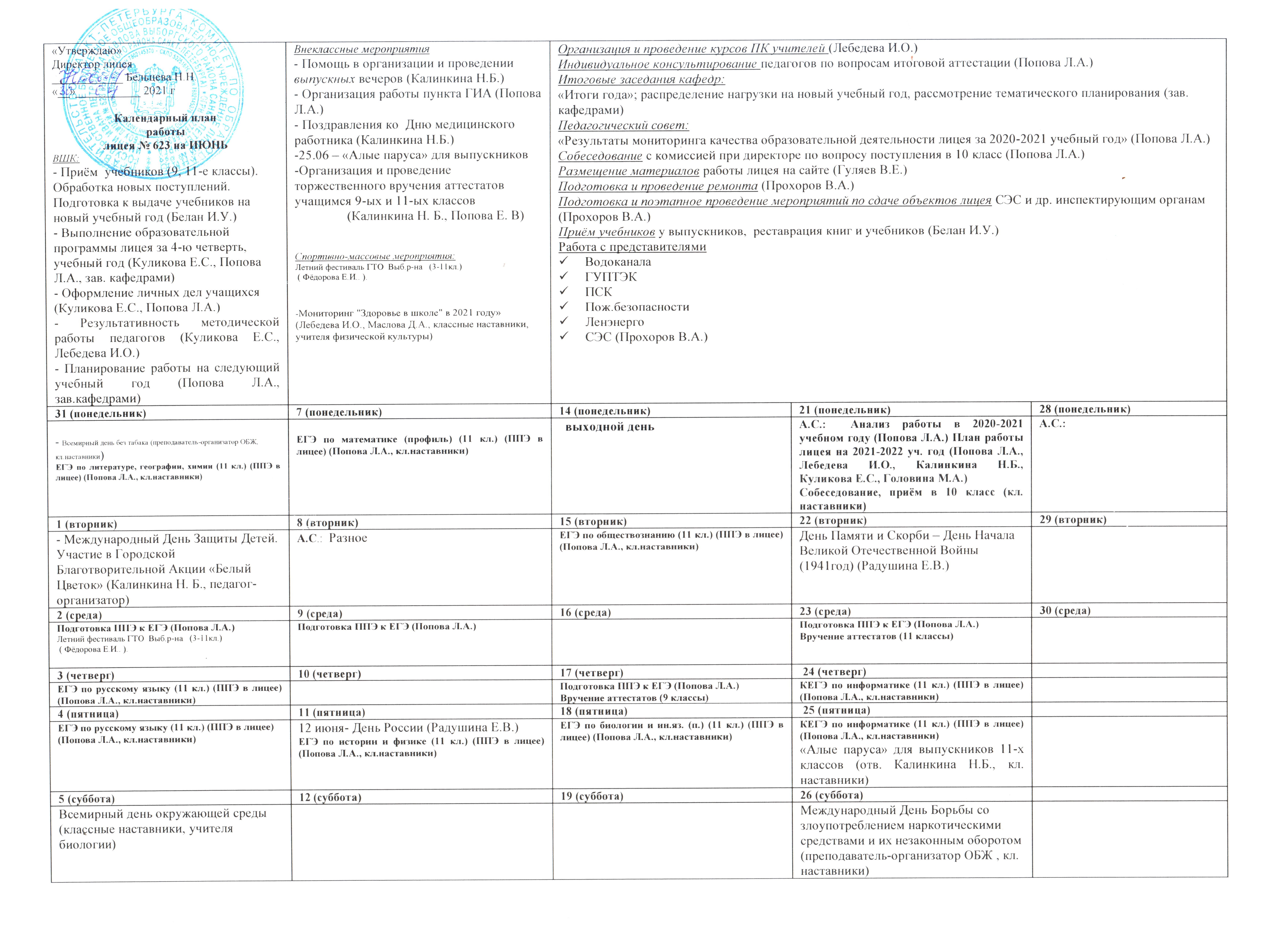 План на июнь 2021 - Официальный сайт лицея 623